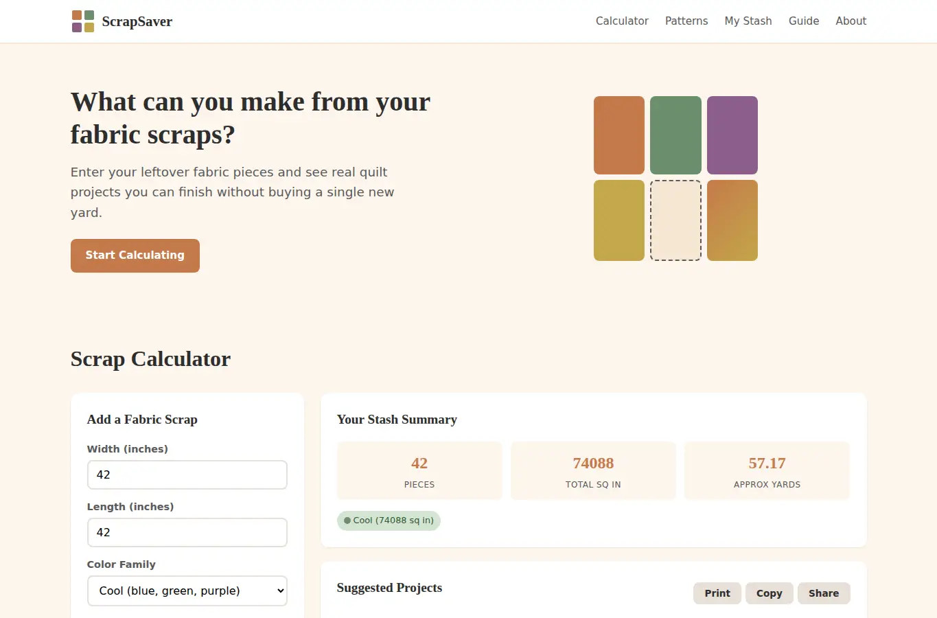 Screenshot of ScrapSaver - Fabric Scrap Calculator interface showing the project page in use